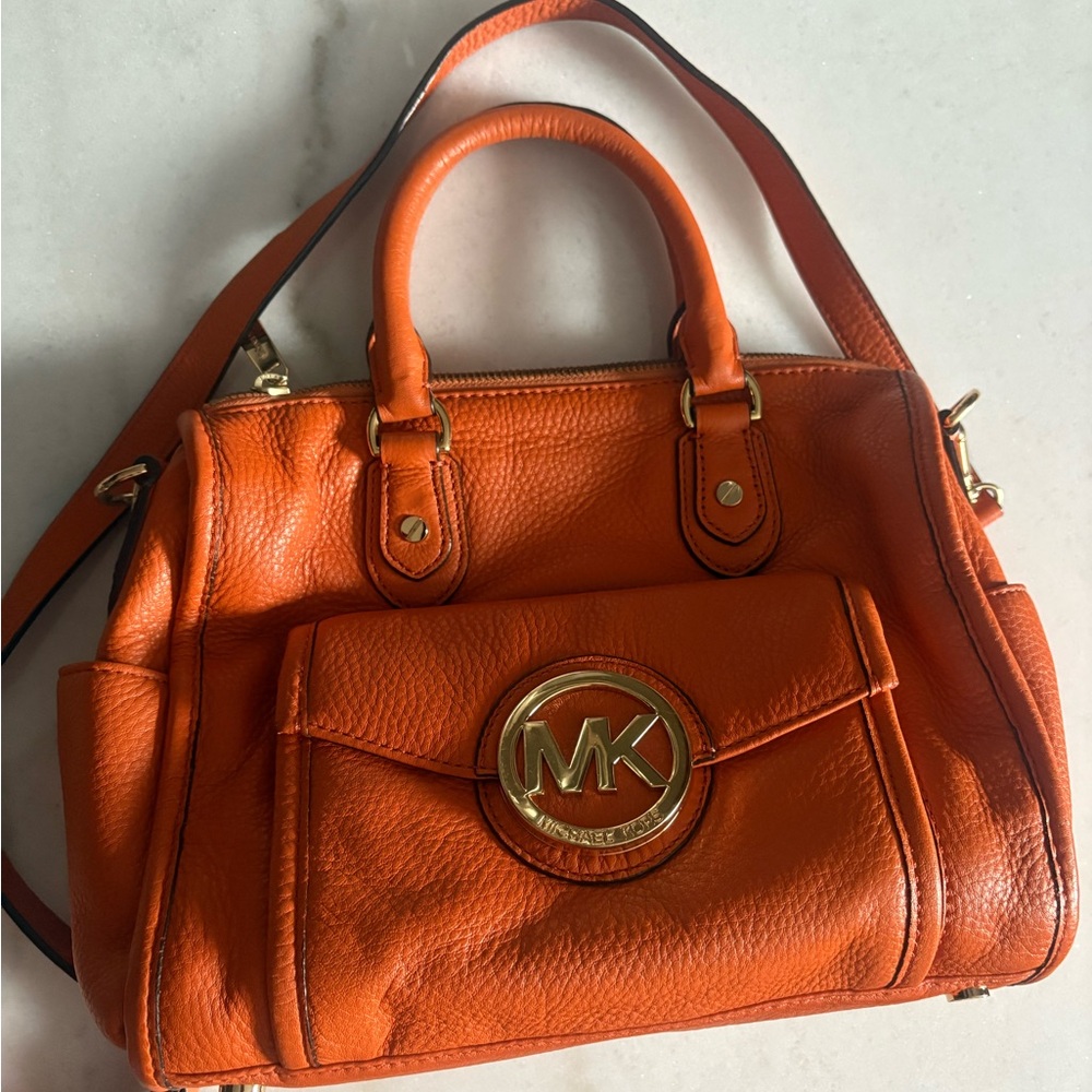 Michael Kors Orange Pebbled Leather Satchel Handbag Gold Hardware Shoulder Bag